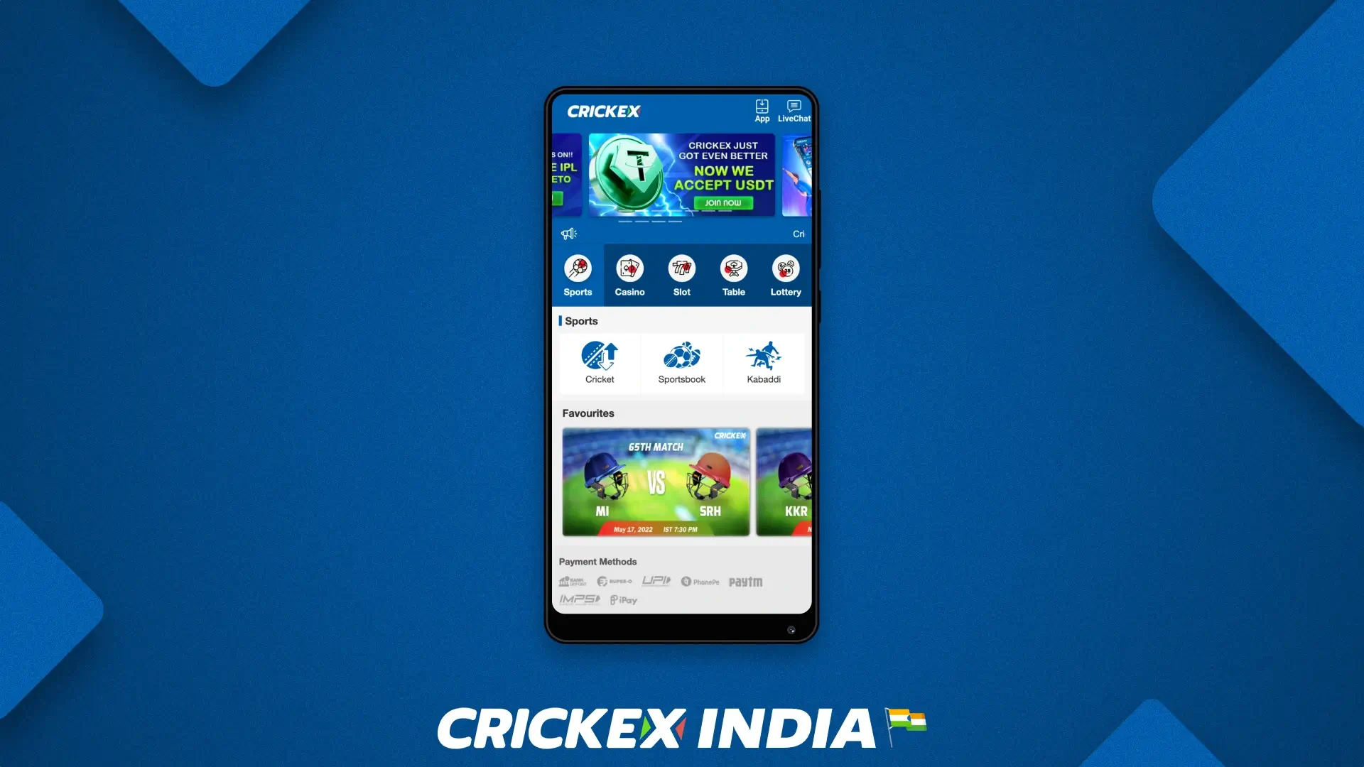 Home page of the mobile version of the Crickex website
