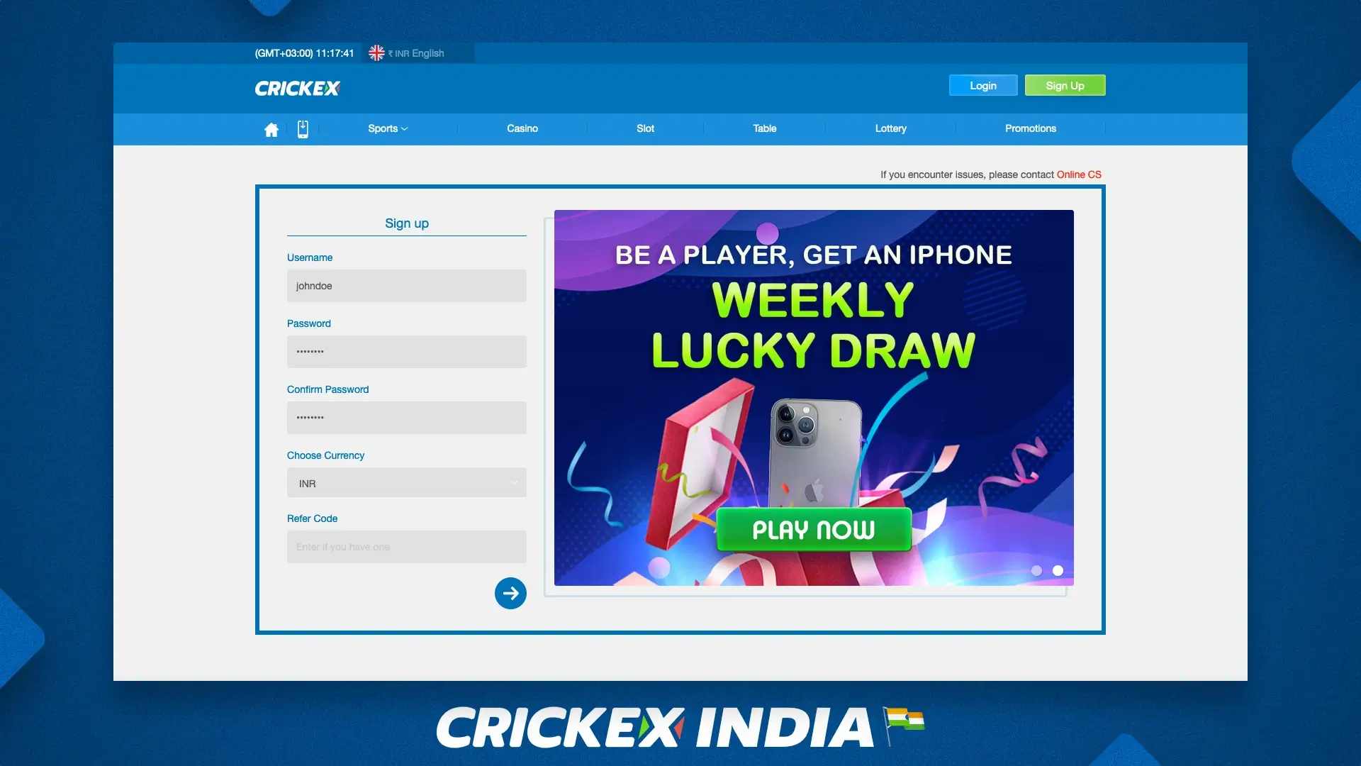 नए उपयोगकर्ताओं के लिए Crickex वेबसाइट पर पंजीकरण फॉर्म