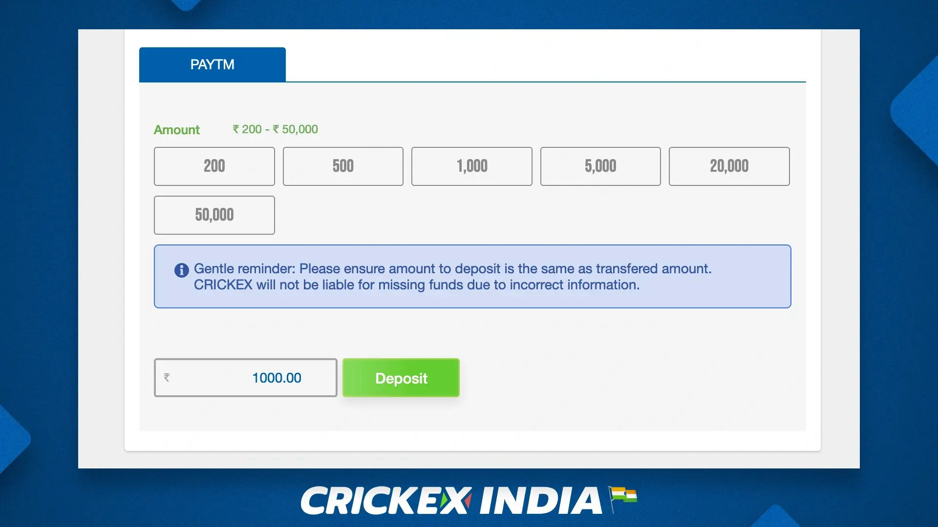 Deposit page on Crickex sports betting platform