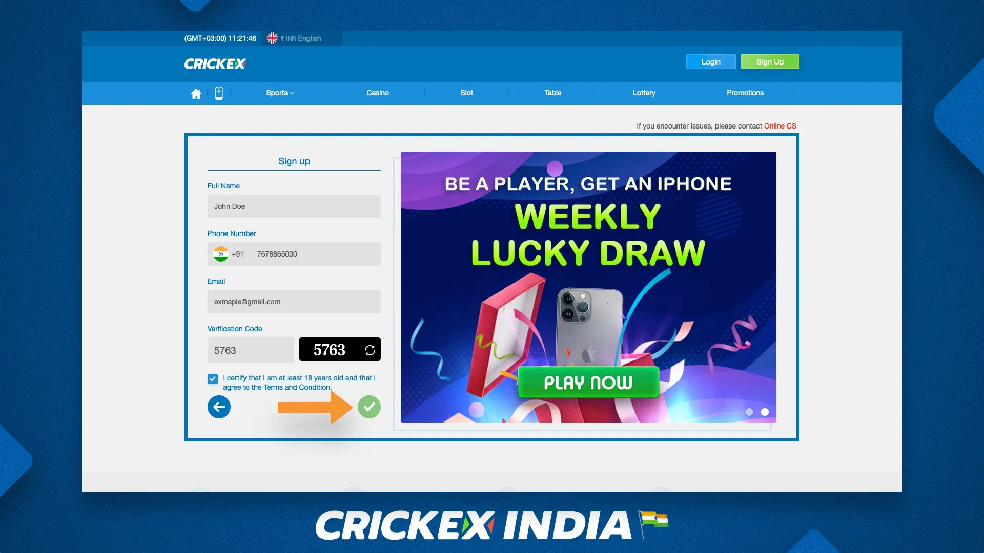 Confirmation of new customer registration on the Crickex India platform