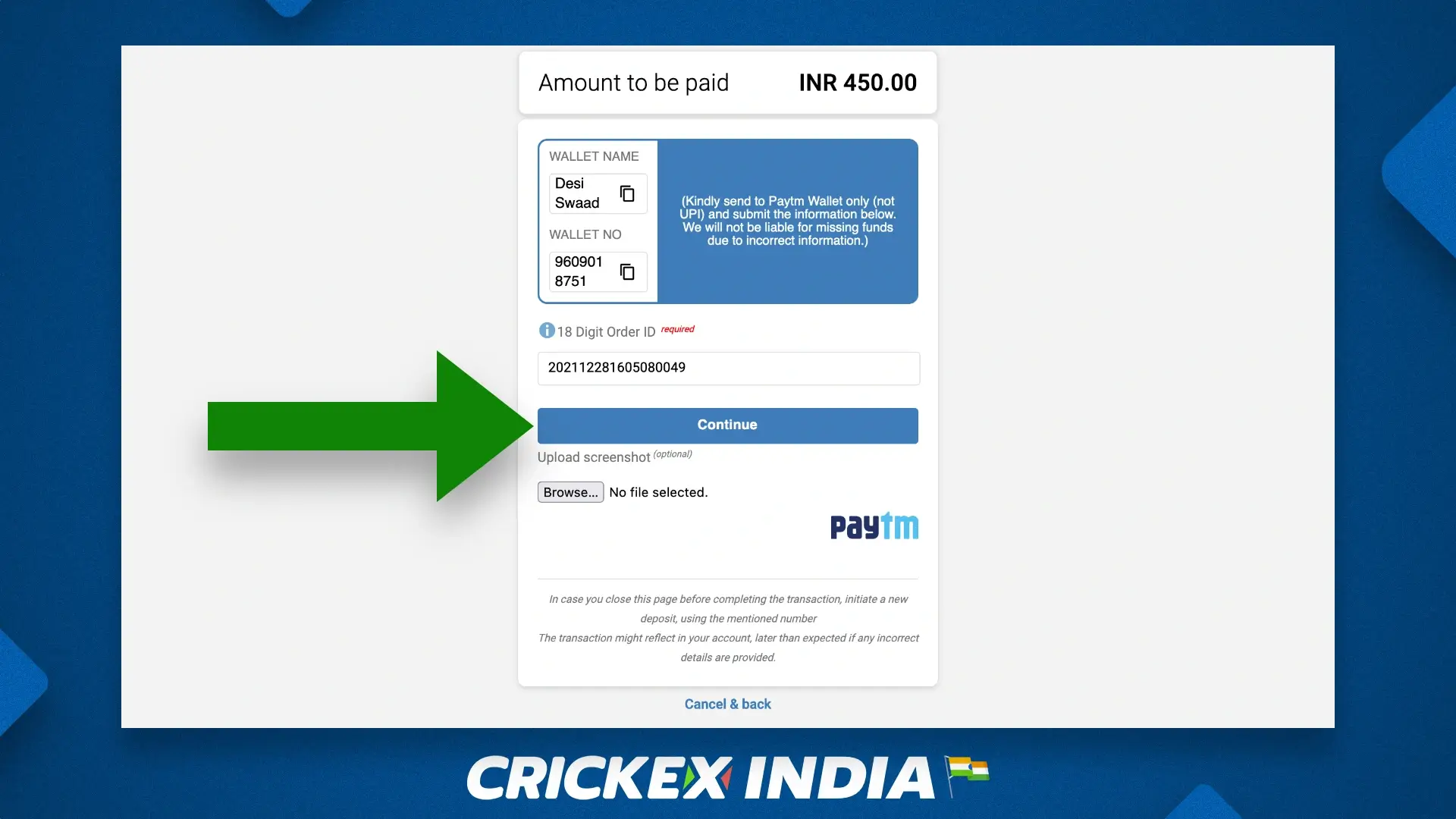 Confirmation of the Crickex deposit operation
