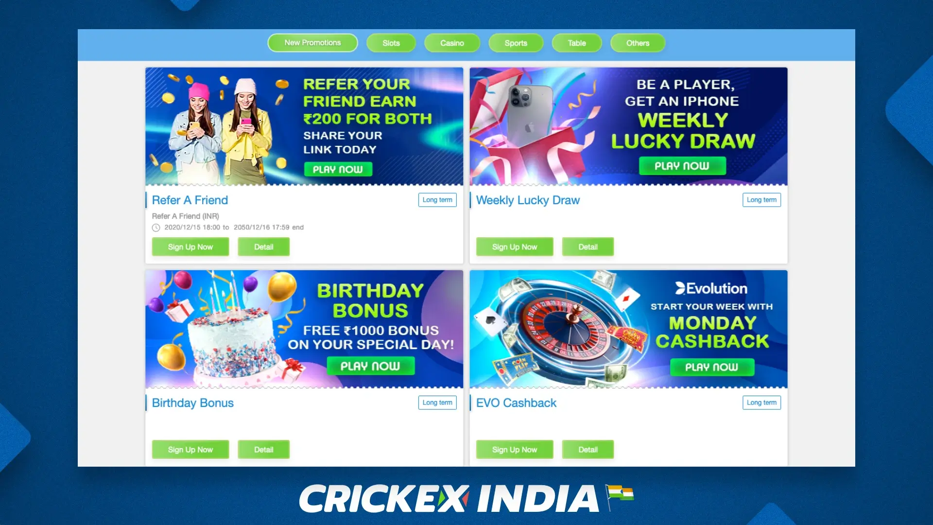 Available Crickex bonuses and promotions for players from India