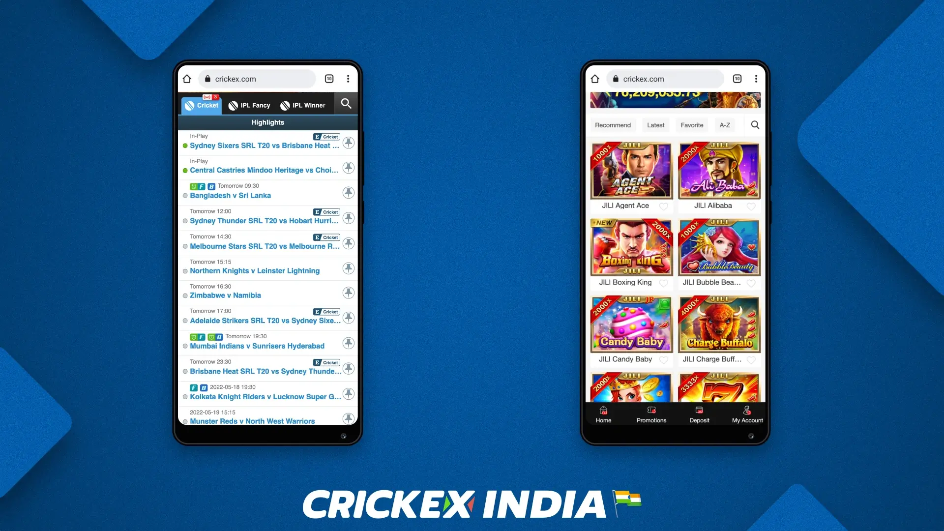 Mobile version of the Crickex website for sports betting & casino
