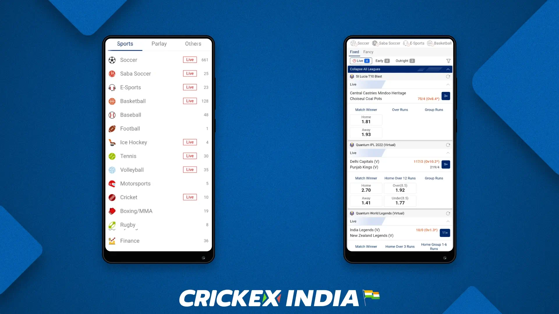 Crickex ऐप विभिन्न प्रकार के खेल प्रदान करता है जिन पर आप दांव लगा सकते हैं, जिसमें क्रिकेट, टेनिस, सॉकर, और बहुत कुछ शामिल हैं