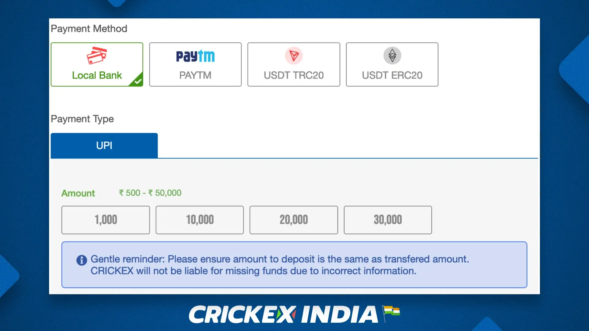 Payment systems available for depositing at Crickex
