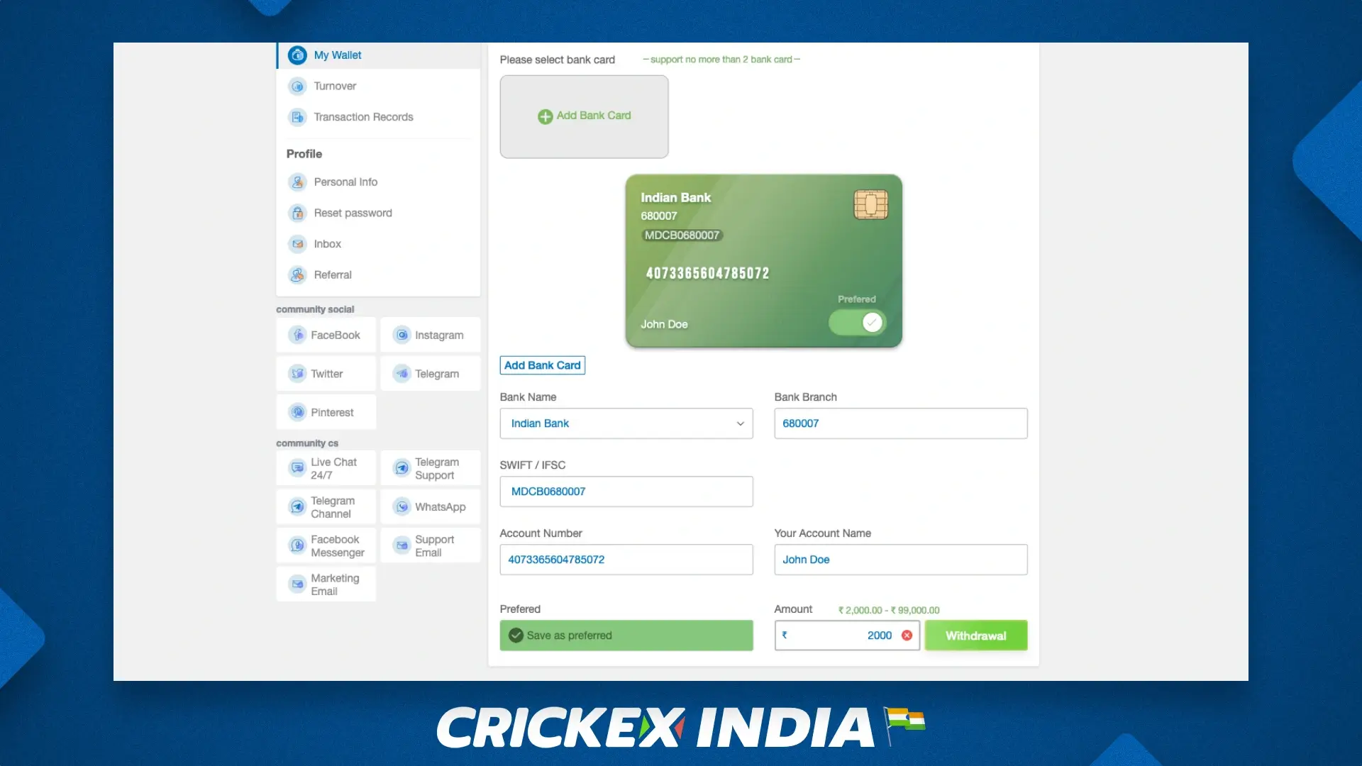 Withdrawal page at Crickex official website in India