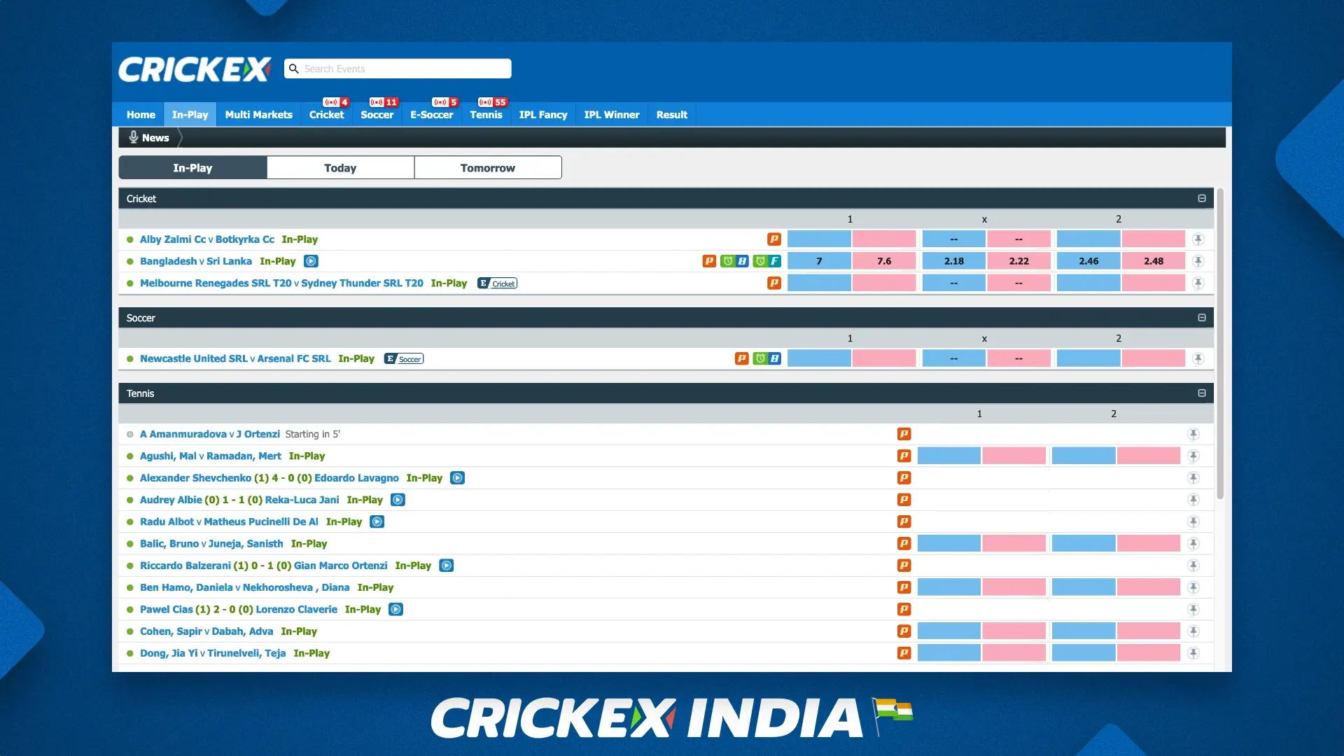 Live betting section with real time statistics at Crickex website