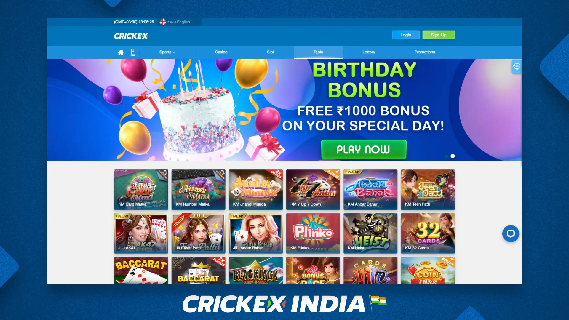 Table games at online casino Crickex available for players from India